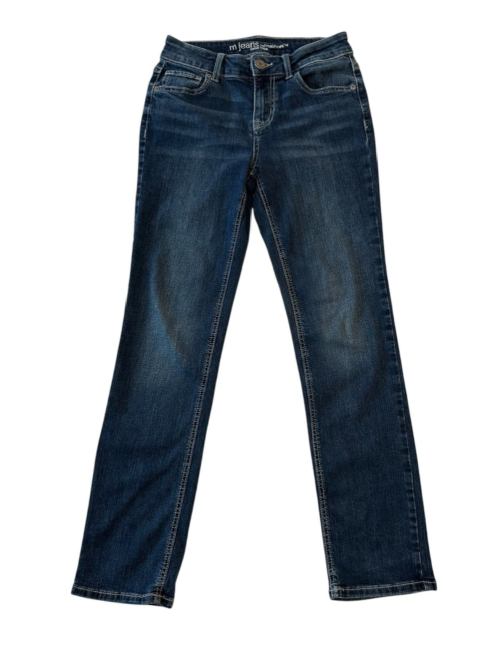 M Jeans By Maurices Mid-Rise Womens 2 SHORT BLUE Distressed Faded Straight Jeans